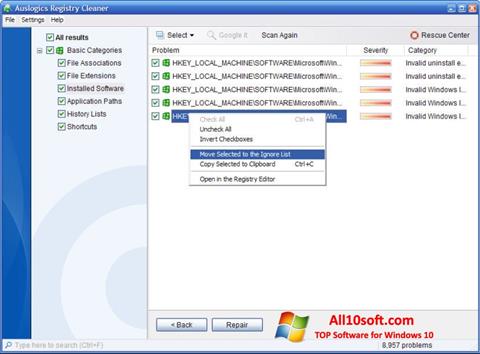 Снимак заслона Auslogics Registry Cleaner Windows 10